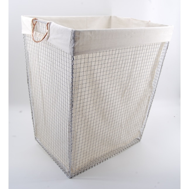 Laundry Hamper Silver Wire Mesh Grid Basket with Cream Fabric Liner