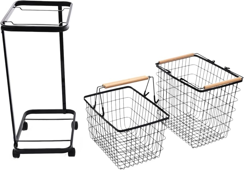 Laundry Hamper Sorter 2-Tier Black Wire Cart with Wood Handles