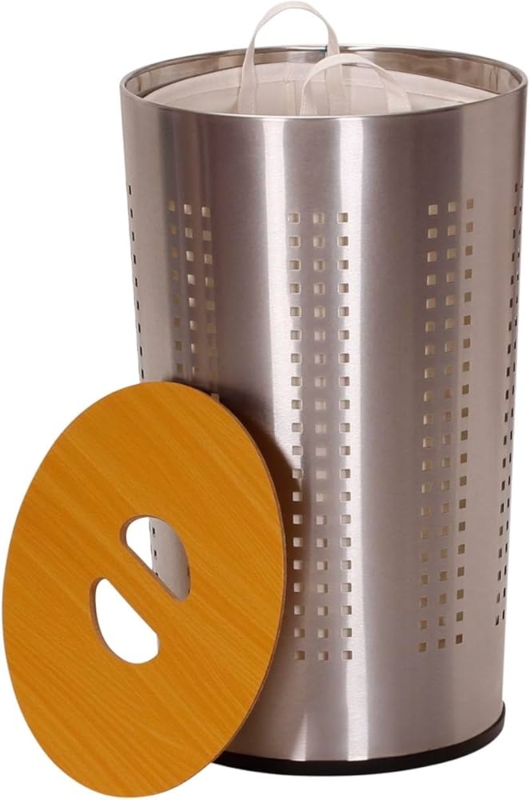 Laundry Hamper Stainless Steel Perforated Drum with Wood Lid Cutouts
