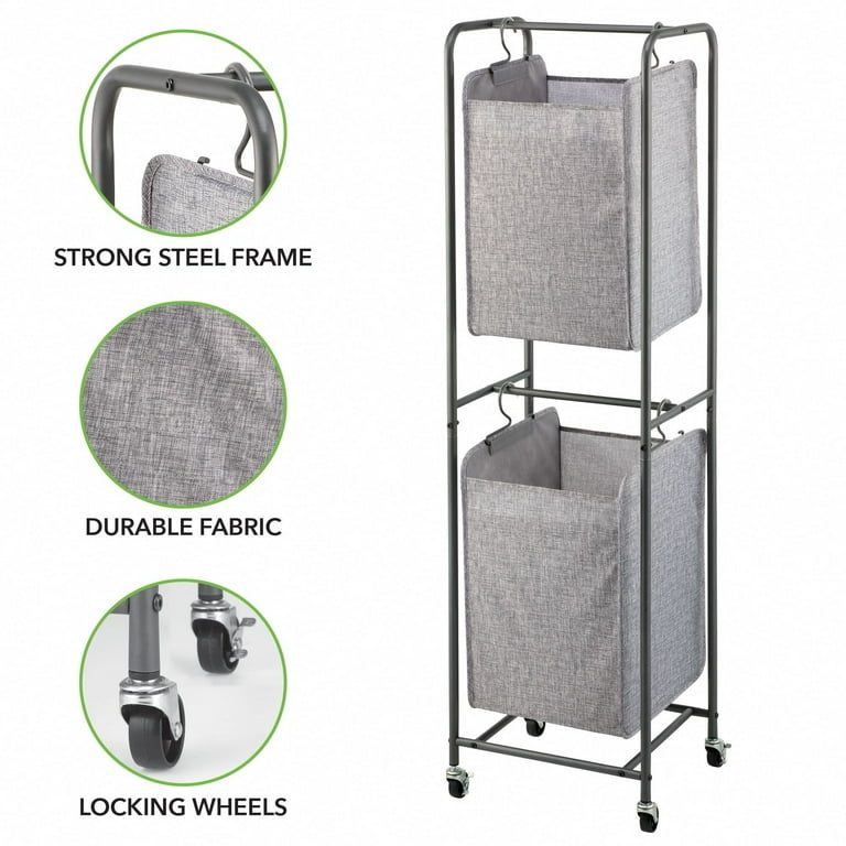Laundry Hamper Vertical 2-Tier Rolling Cart with Hanging Grey Bags