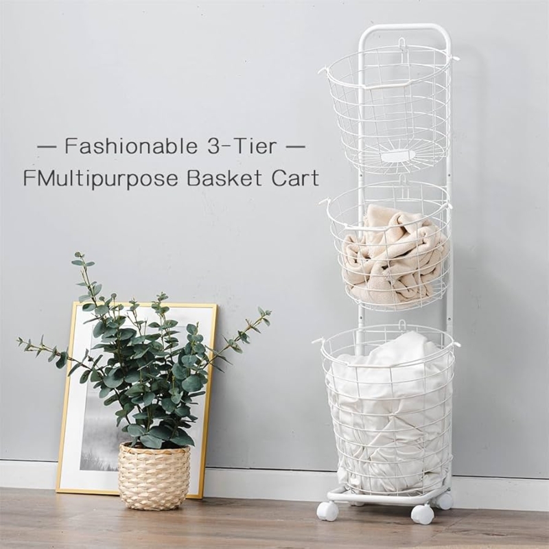 Laundry Hamper White 3-Tier Rolling Wire Basket Vertical Sorter