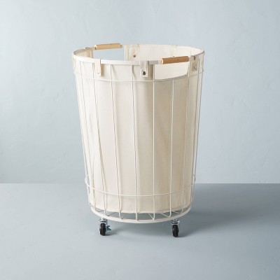 Laundry Hamper White Rolling Wire Cylinder with Wood-Toned Handles