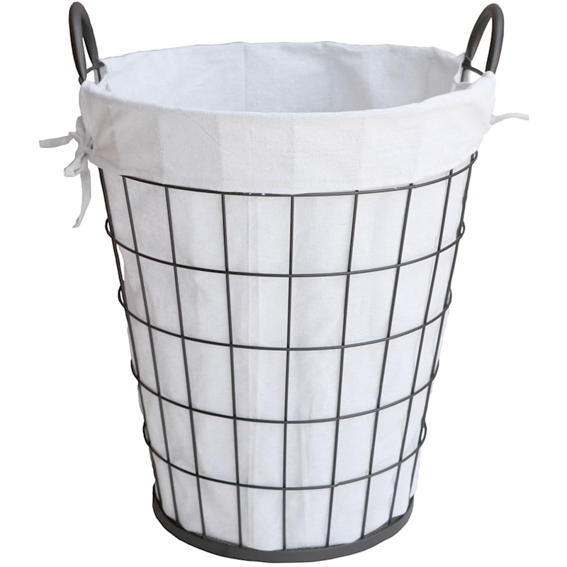 Laundry Hamper with Side Tie Liner, Dark Wire Frame & Farmhouse Style