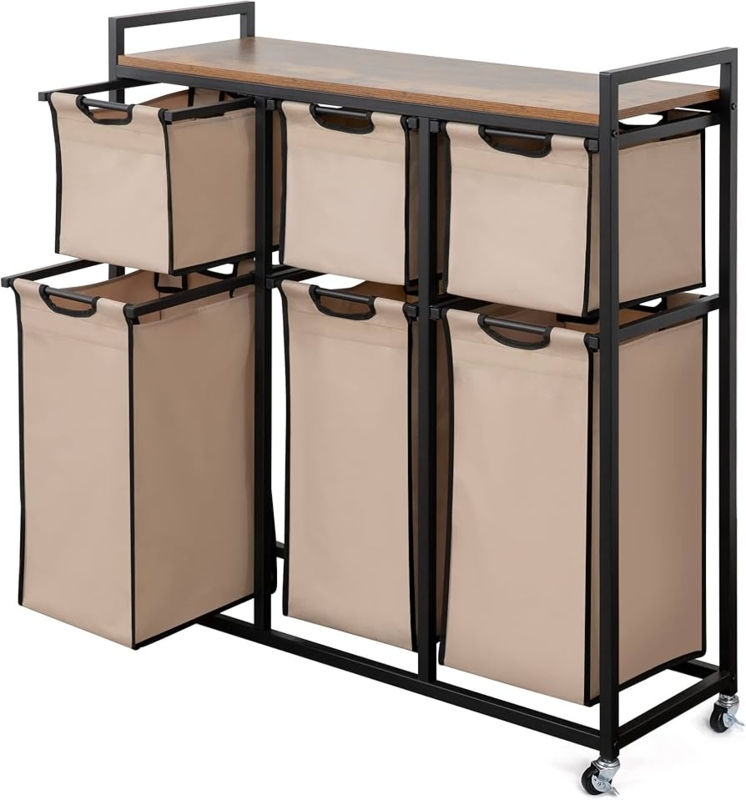 Laundry Sorter 6-Compartment Organizer with Wood Shelf & Sliding Bags