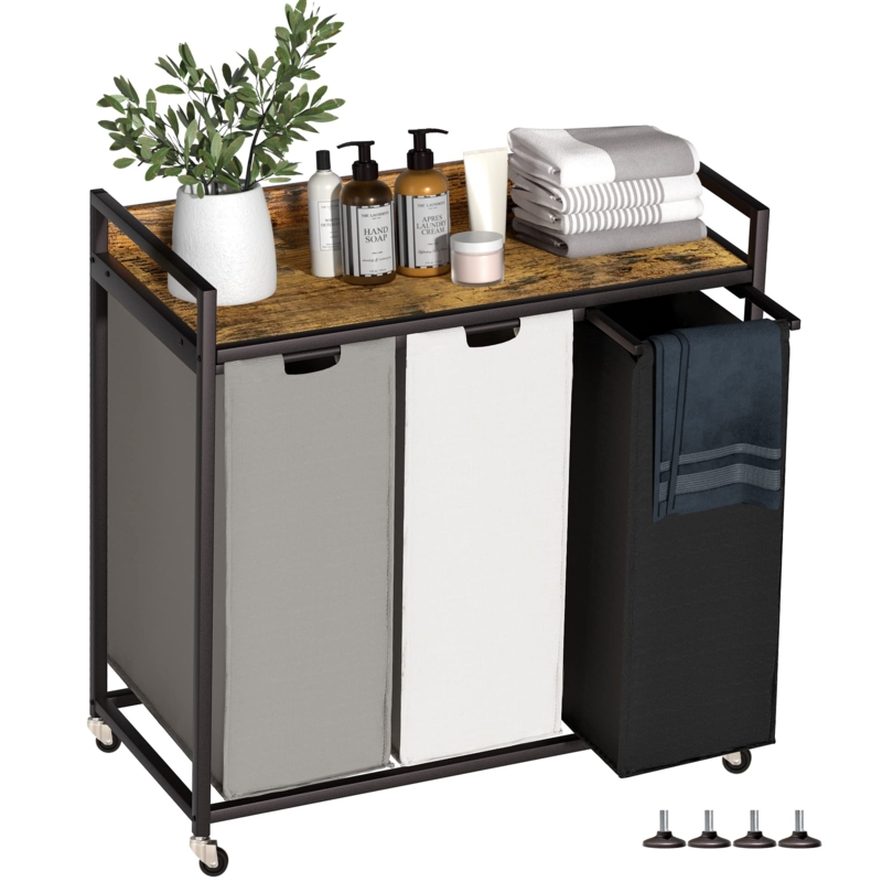 Laundry Sorter Cart with Rustic Wood Top Shelf and Tri-Color Bags