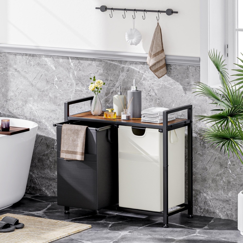 Laundry Sorter Double Black Frame with Wood Shelf and Dual-Color Bins
