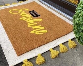 Layered Doormat Set Yellow Tassel Trim Sunshine Script Boho Entryway