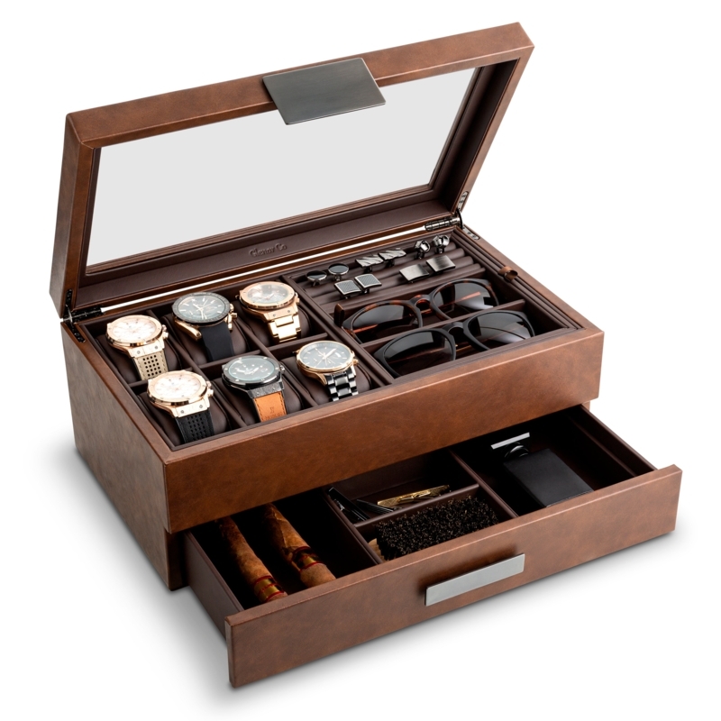Leather-Like Watch Box with Valet Accessory Slots