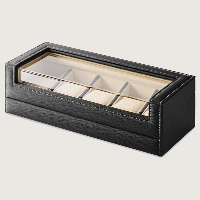 Leather Watch Display Box Saffiano Texture Five Slots Clear Lid Black