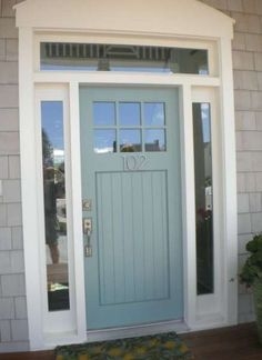 Light Blue Coastal Cottage Exterior Door with Transom and Sidelights