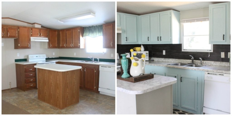Light Blue Kitchen Cabinet Makeover with DIY Dark Plank Backsplash