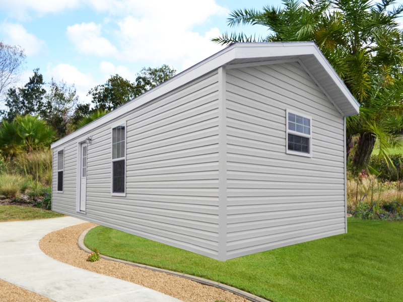 Light Gray Mobile Home Exterior with Clean Horizontal Siding