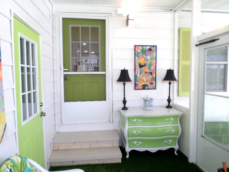 Lime Green Bombe Chest of Drawers in Eclectic Entryway Sunroom