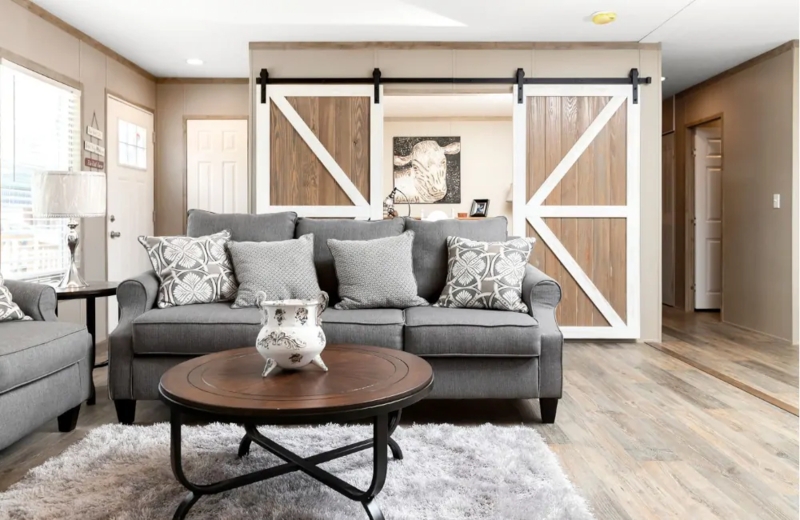 Living Room Rustic Sliding Barn Door Partition Grey Sofa Shag Rug