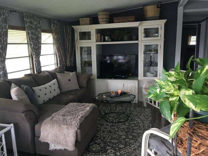 Living Room with Dark Accent Walls and White Entertainment Unit