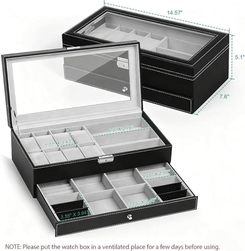 Lockable Leather-Like Watch Box with Contrast Stitching