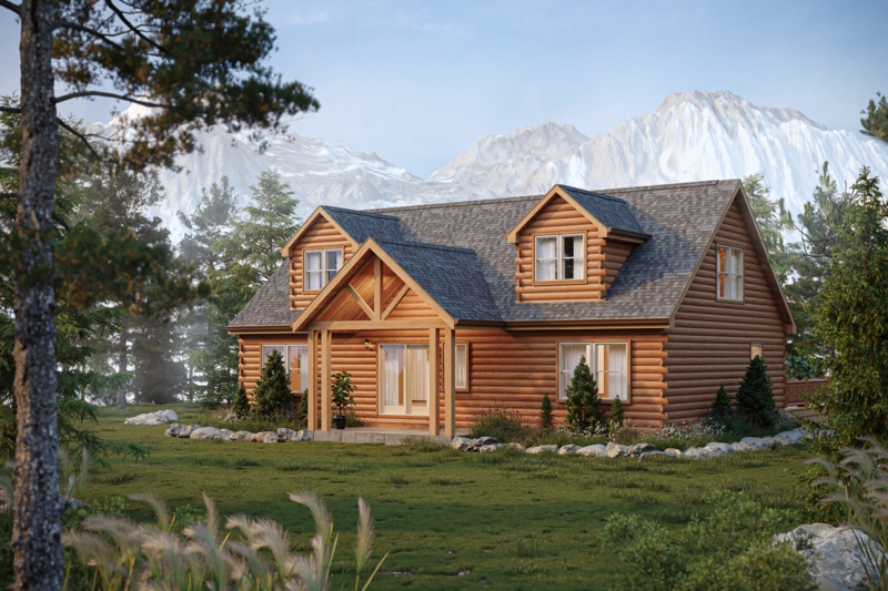 Log Cabin Architectural Render in Mountain Landscape