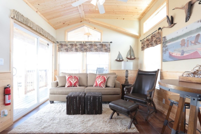 Log Cabin Living Room with Vaulted Wood Ceiling and Shag Rug