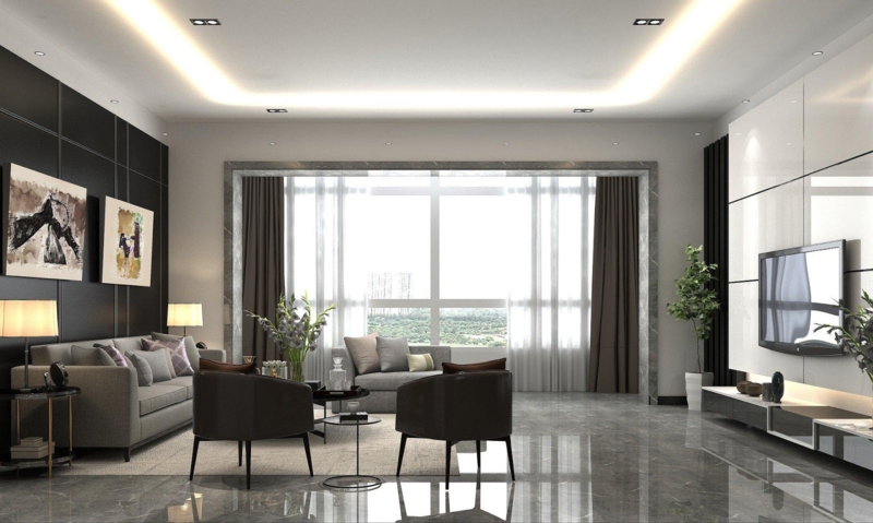 Luxury Living Room with Black Accent Wall and Polished Marble Floors