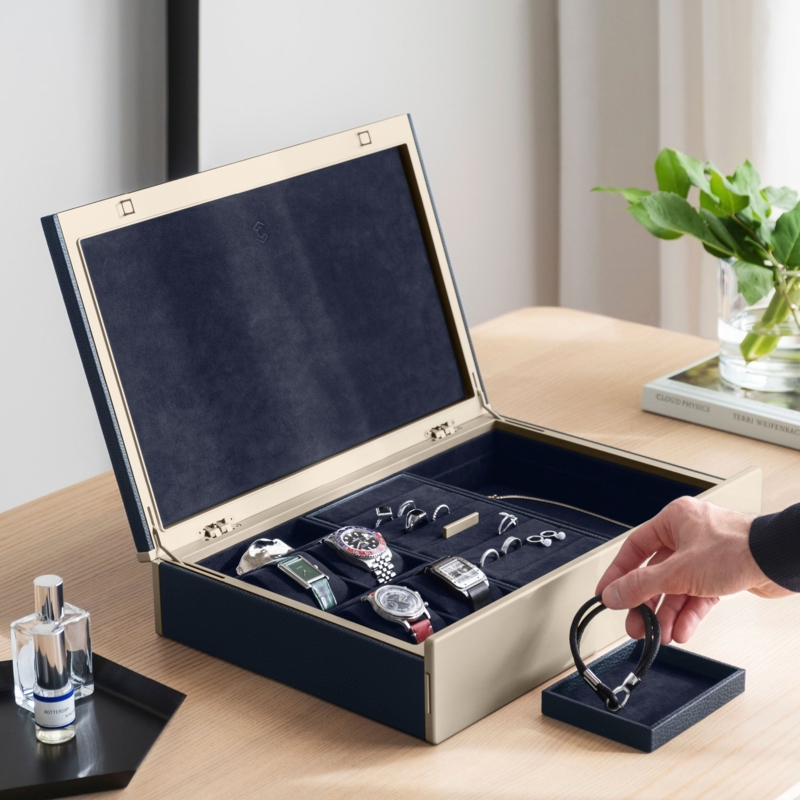Luxury Watch Box Navy Blue with Champagne Metal Trim