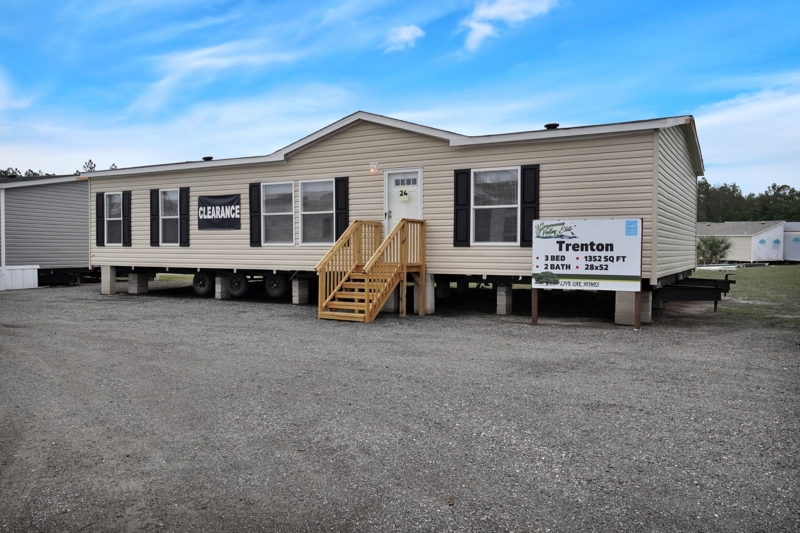 Manufactured Home Beige Siding Black Shutters Wooden Stairs Gable