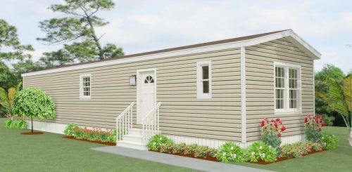 Manufactured Home Beige Siding with White Skirting and Gabled Roof