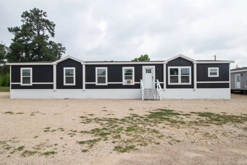 Manufactured Home Charcoal Exterior Dual Gabled Front White Trim Contrasting