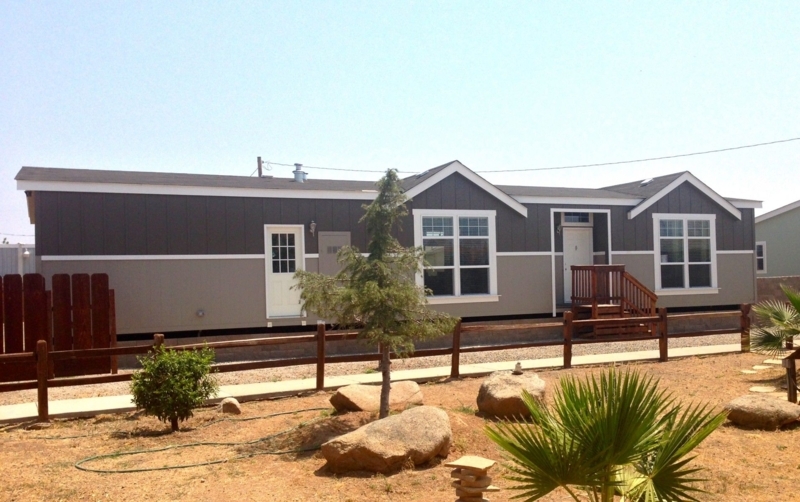 Manufactured Home Charcoal Taupe Two Tone Exterior Arid Landscaping