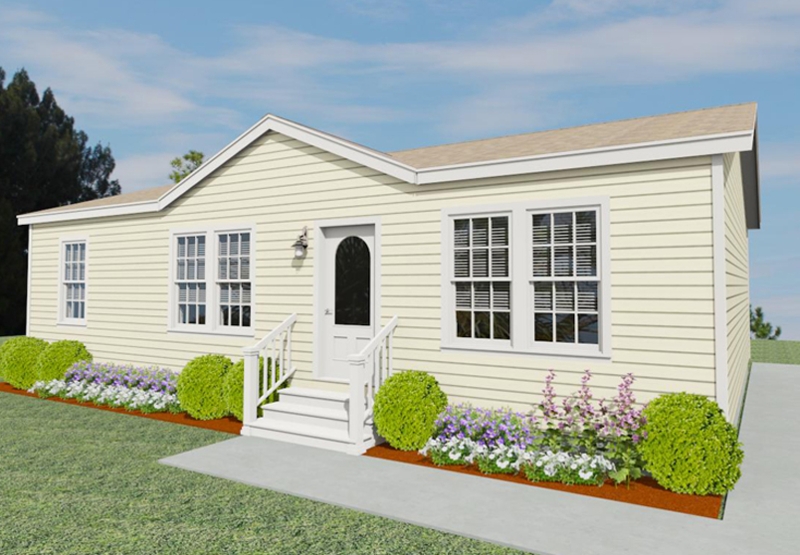 Manufactured Home: Cream Siding with White Trim & Landscaped Foundation