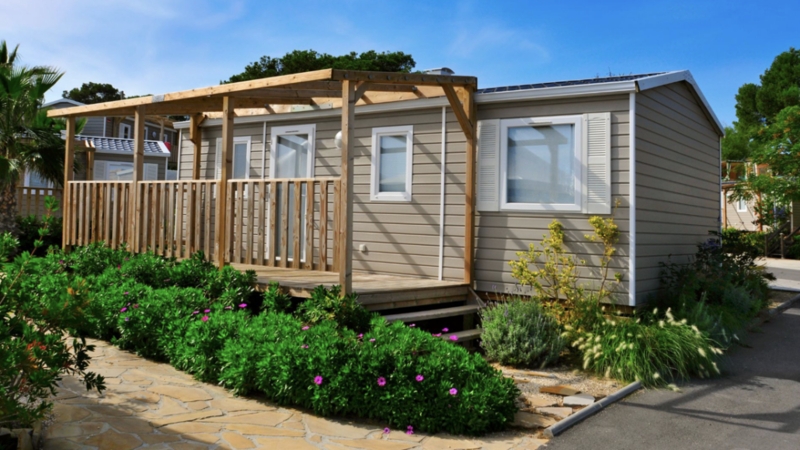 Manufactured Home Deck with Pergola & Stone Paver Walkway