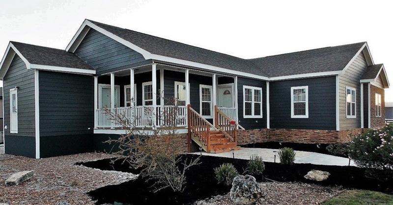 Manufactured Home Exterior: Charcoal Siding, Stone Veneer Base