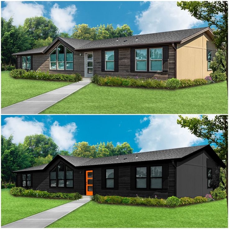Manufactured Home Exterior Makeover with Orange Front Door Accent