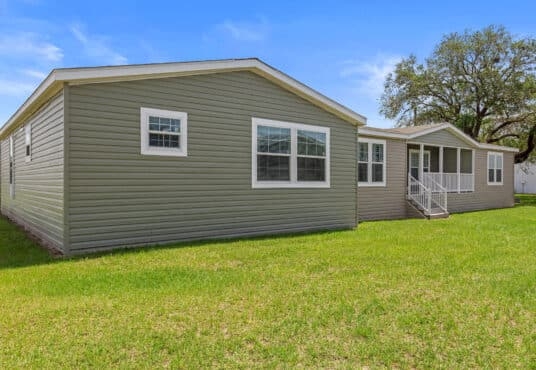 Manufactured Home Exterior Sage Green Siding with Screened Porch