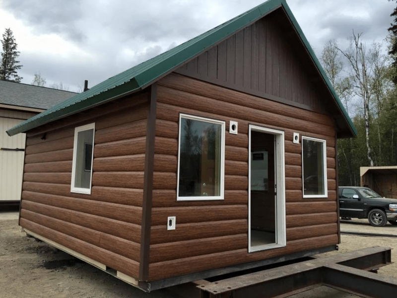 Manufactured Home Exterior with Log Style Siding and White Trim