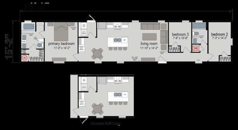 Manufactured Home Floor Plan with Split Bedroom Design