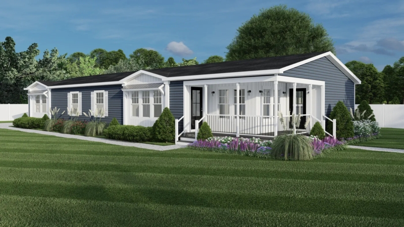 Manufactured Home Navy Blue Siding Expansive Front Porch