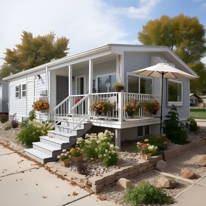 Manufactured Home Porch: White Railing & Rail-Mounted Planters