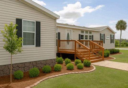 Manufactured Home Raised Wooden Deck with Stone Look Skirting