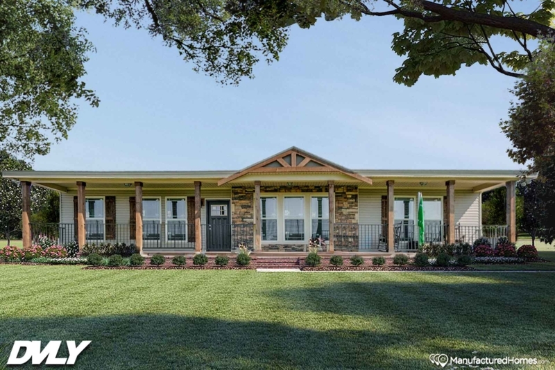 Manufactured Home Ranch Style with Stone Veneer Facade and Timber Truss