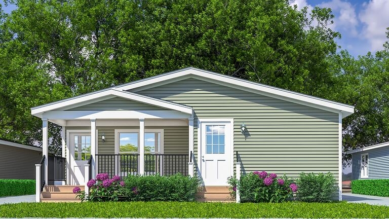 Manufactured Home Sage Green Exterior, White Trimmed Porch, Black Railing