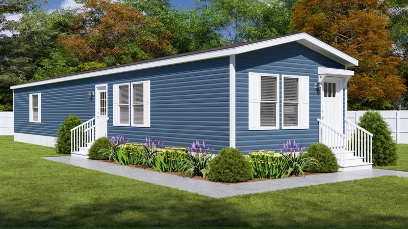 Manufactured Home Slate Blue Siding White Shutters Landscaped Yard