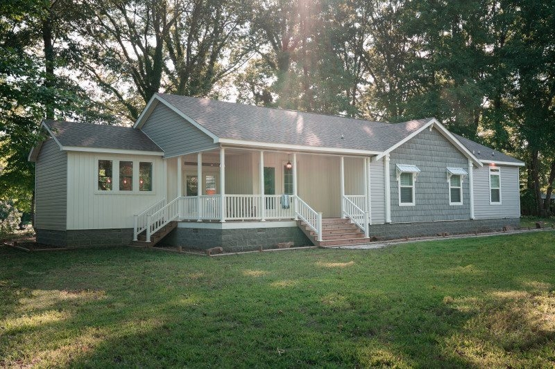 Manufactured Home Stone Look Skirting Covered Porch Gray Siding