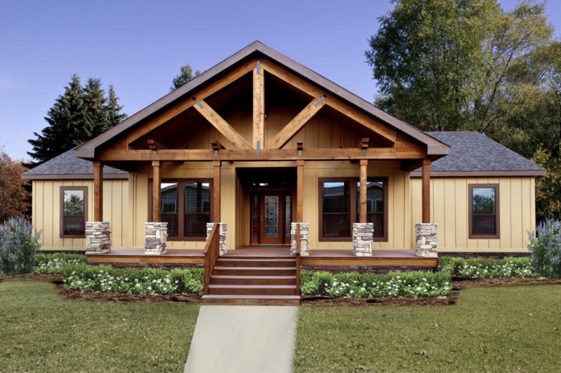 Manufactured Home: Timber Truss Porch & Stone Column Bases