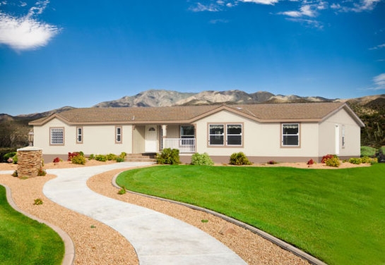 Manufactured Home, Winding Concrete Path & Desert Landscape Design