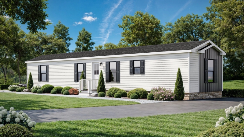 Manufactured Home with Black Shutters, Stone Veneer Skirting