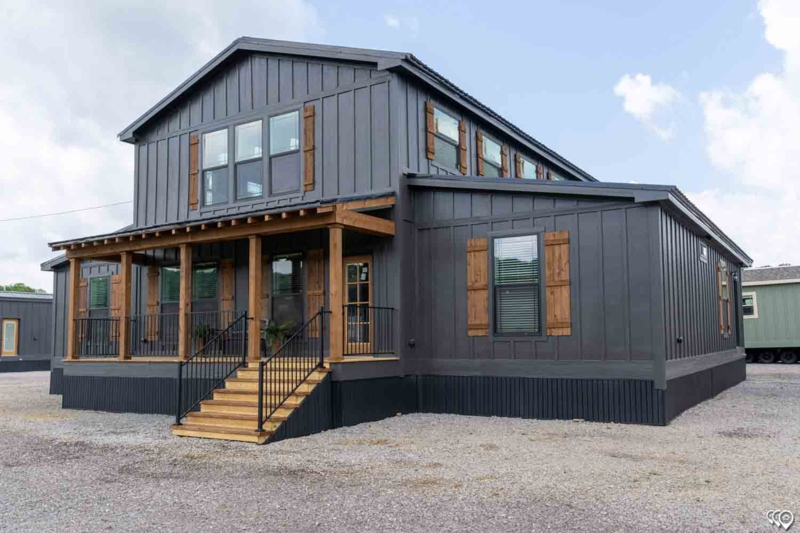 Manufactured Home with Charcoal Gray Board and Batten Siding & Shutters