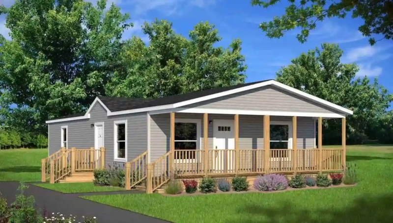 Manufactured Home with Outdoor Living Porch & Wooden Railings