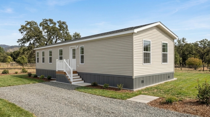 Manufactured Home with Tan Siding and Grey Vertical Skirting
