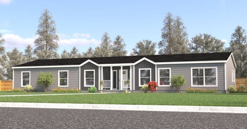 Manufactured Home with Twin Gables and Gray Siding with White Trim