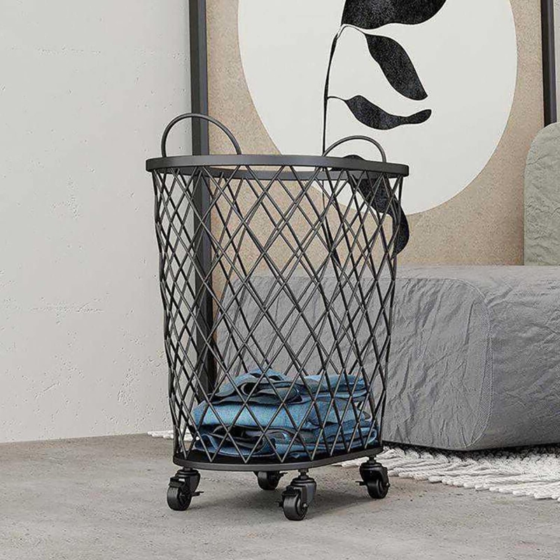 Matte Black Hamper, Rolling Diamond Lattice Wire Mesh Design, Casters